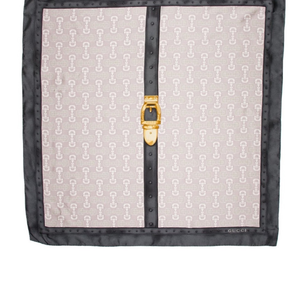 Gucci Grey and Gold Patterned Signature Horsebit Silk Accent Scarf